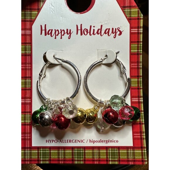 Christmas Hypoallergenic Holiday Hoop Earrings With Festive Bells Beads - Picture 4 of 6